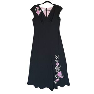 Brannan Studio Dress Womens 6 Black Pink Floral Embroidery 90's Y2K Vintage Prom